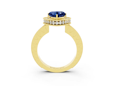 Yellow gold Heart Cut Halo Diamond Engagement Ring with Milgrain Pave Band and Four-Prong Setting_3