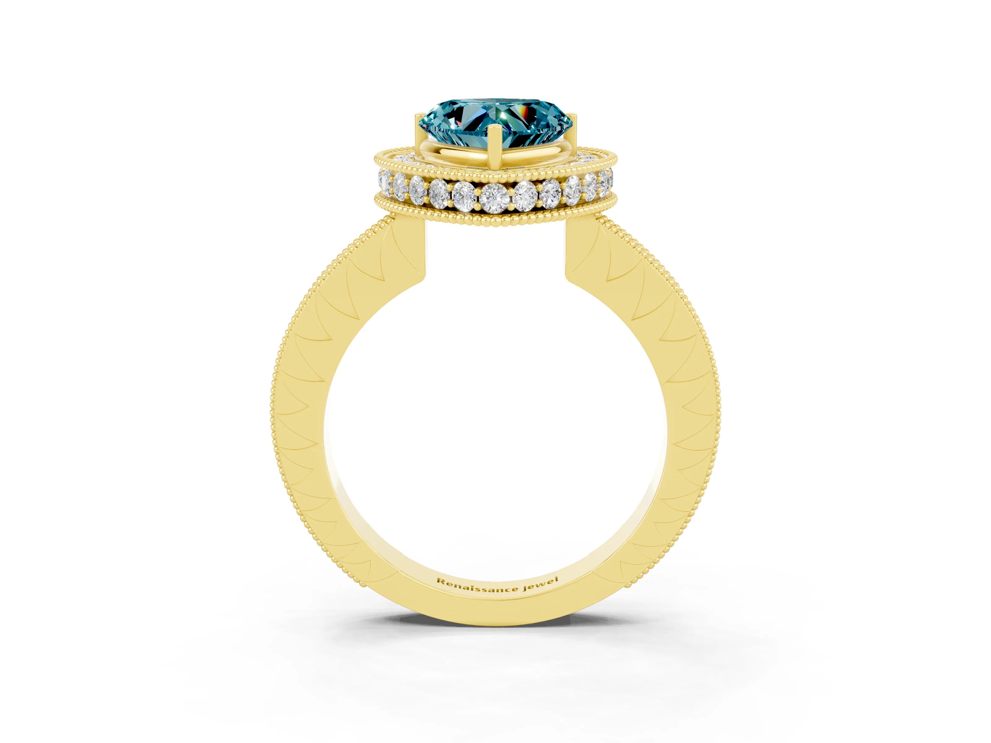 Yellow gold Heart Cut Halo Diamond Engagement Ring with Milgrain Pave Band and Four-Prong Setting_3