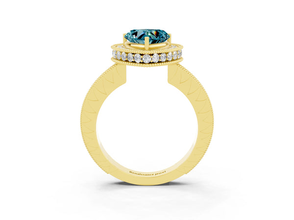Yellow gold Heart Cut Halo Diamond Engagement Ring with Milgrain Pave Band and Four-Prong Setting