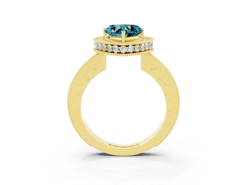 Yellow gold Heart Cut Halo Diamond Engagement Ring with Milgrain Pave Band and Four-Prong Setting_3