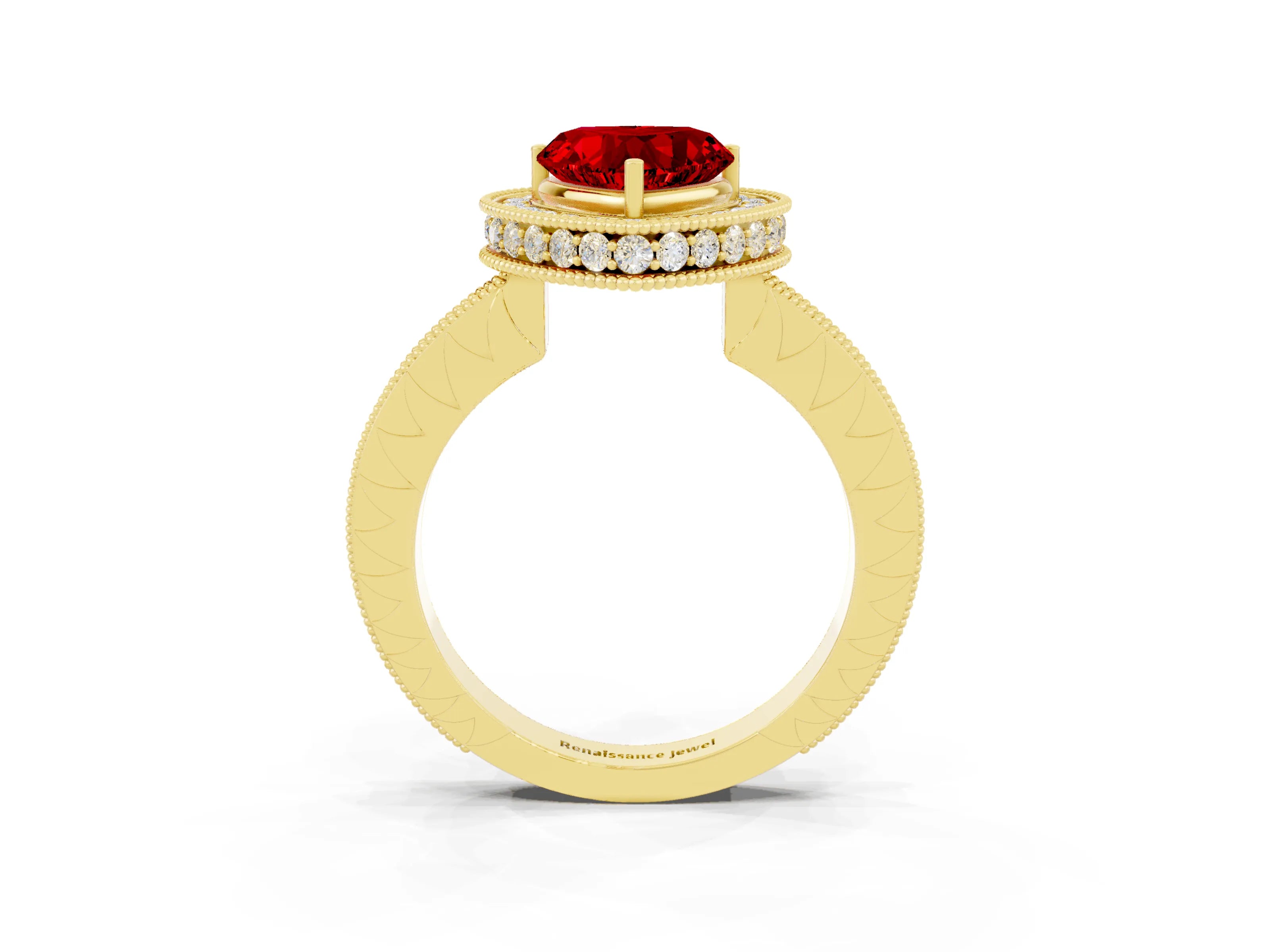 Yellow gold Heart Cut Halo Diamond Engagement Ring with Milgrain Pave Band and Four-Prong Setting_3