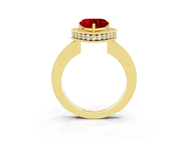 Yellow gold Heart Cut Halo Diamond Engagement Ring with Milgrain Pave Band and Four-Prong Setting
