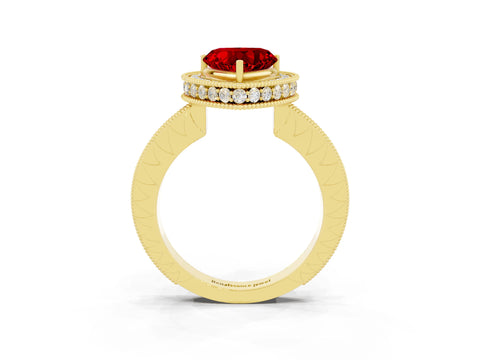 Yellow gold Heart Cut Halo Diamond Engagement Ring with Milgrain Pave Band and Four-Prong Setting_3