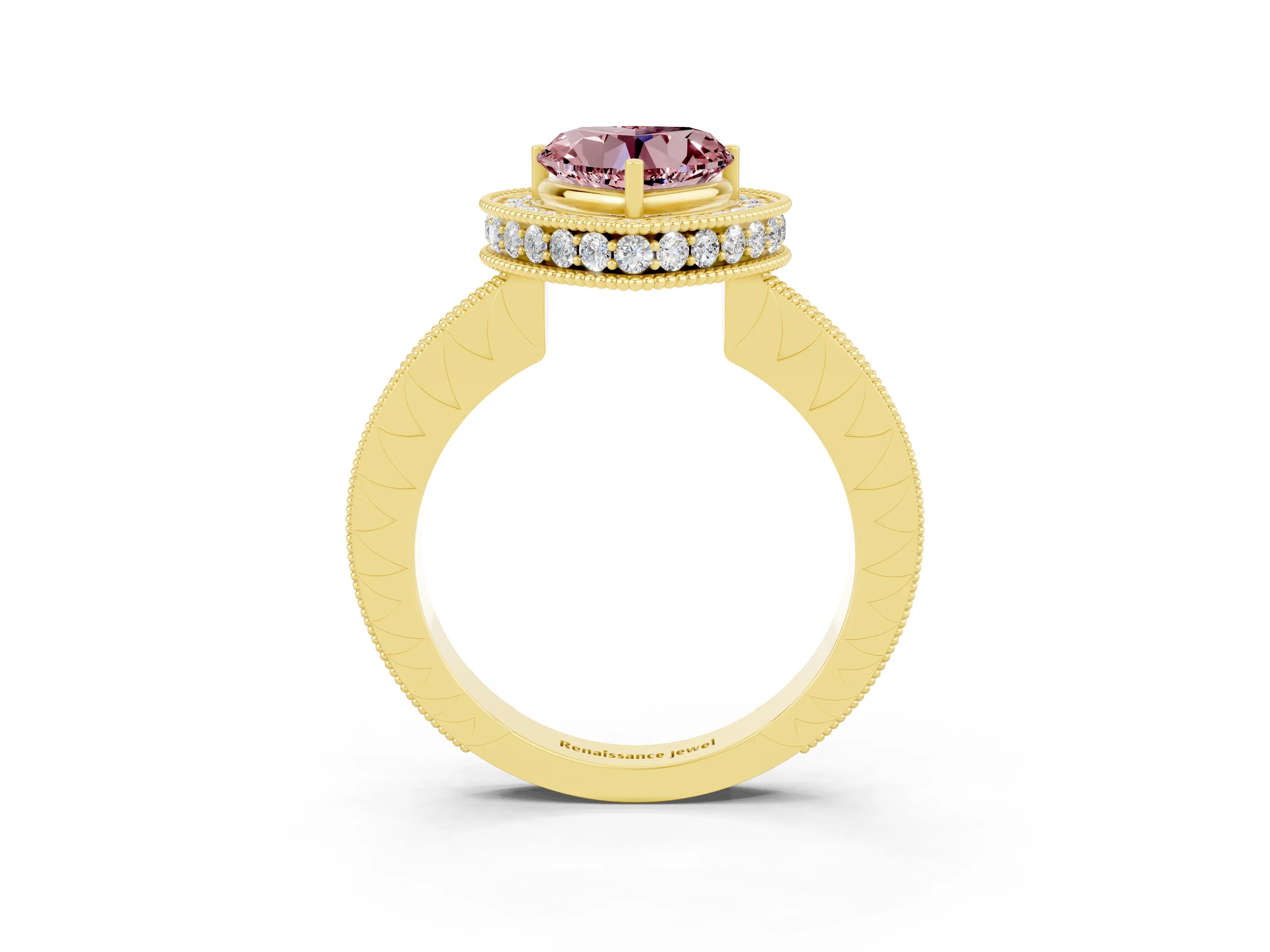 Yellow gold Heart Cut Halo Diamond Engagement Ring with Milgrain Pave Band and Four-Prong Setting_3
