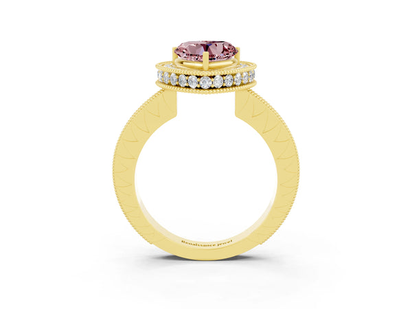 Yellow gold Heart Cut Halo Diamond Engagement Ring with Milgrain Pave Band and Four-Prong Setting