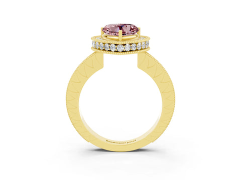 Yellow gold Heart Cut Halo Diamond Engagement Ring with Milgrain Pave Band and Four-Prong Setting_3