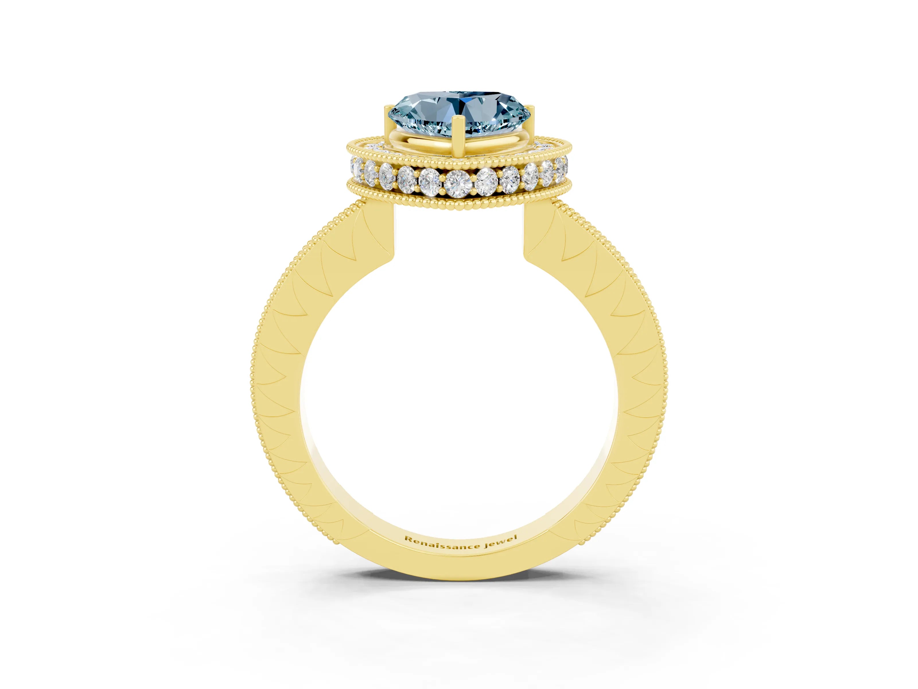 Yellow gold Heart Cut Halo Diamond Engagement Ring with Milgrain Pave Band and Four-Prong Setting_3