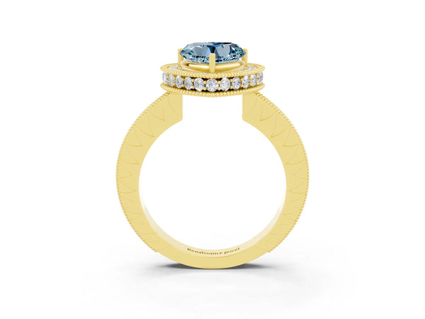 Yellow gold Heart Cut Halo Diamond Engagement Ring with Milgrain Pave Band and Four-Prong Setting