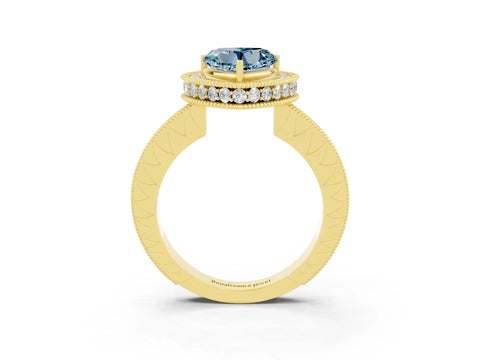 Yellow gold Heart Cut Halo Diamond Engagement Ring with Milgrain Pave Band and Four-Prong Setting_3