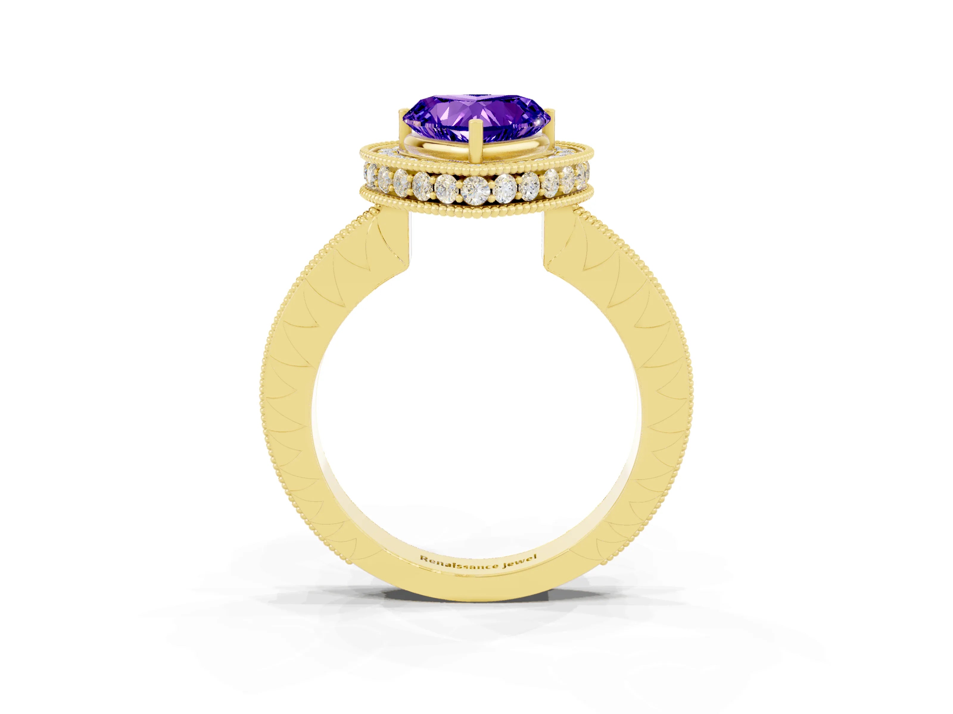 Yellow gold Heart Cut Halo Diamond Engagement Ring with Milgrain Pave Band and Four-Prong Setting_3