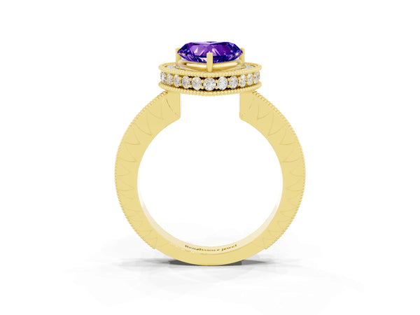 Yellow gold Heart Cut Halo Diamond Engagement Ring with Milgrain Pave Band and Four-Prong Setting
