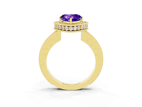 Yellow gold Heart Cut Halo Diamond Engagement Ring with Milgrain Pave Band and Four-Prong Setting_3