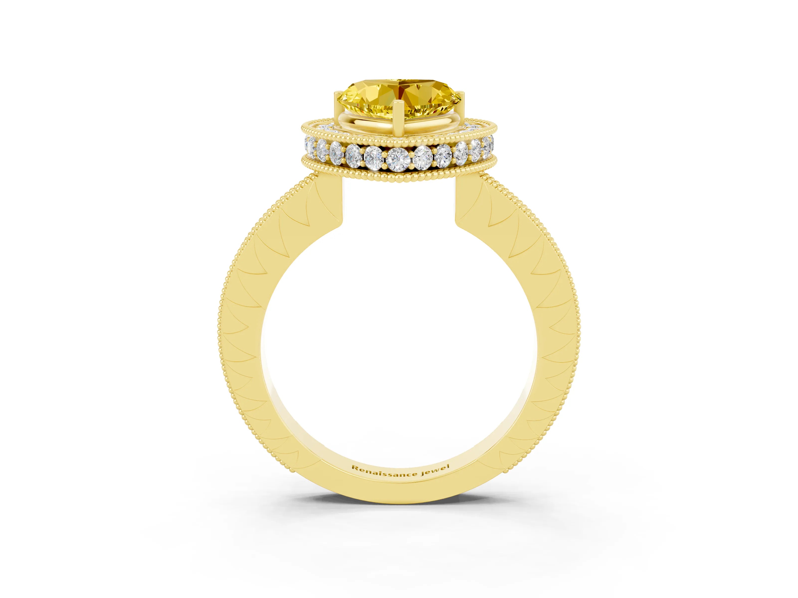 Yellow gold Heart Cut Halo Diamond Engagement Ring with Milgrain Pave Band and Four-Prong Setting_3