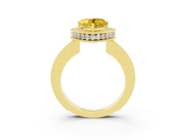 Yellow gold Heart Cut Halo Diamond Engagement Ring with Milgrain Pave Band and Four-Prong Setting