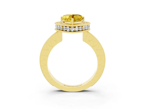 Yellow gold Heart Cut Halo Diamond Engagement Ring with Milgrain Pave Band and Four-Prong Setting_3