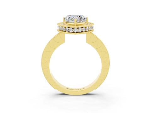 Yellow gold Heart Cut Halo Diamond Engagement Ring with Milgrain Pave Band and Four-Prong Setting_3