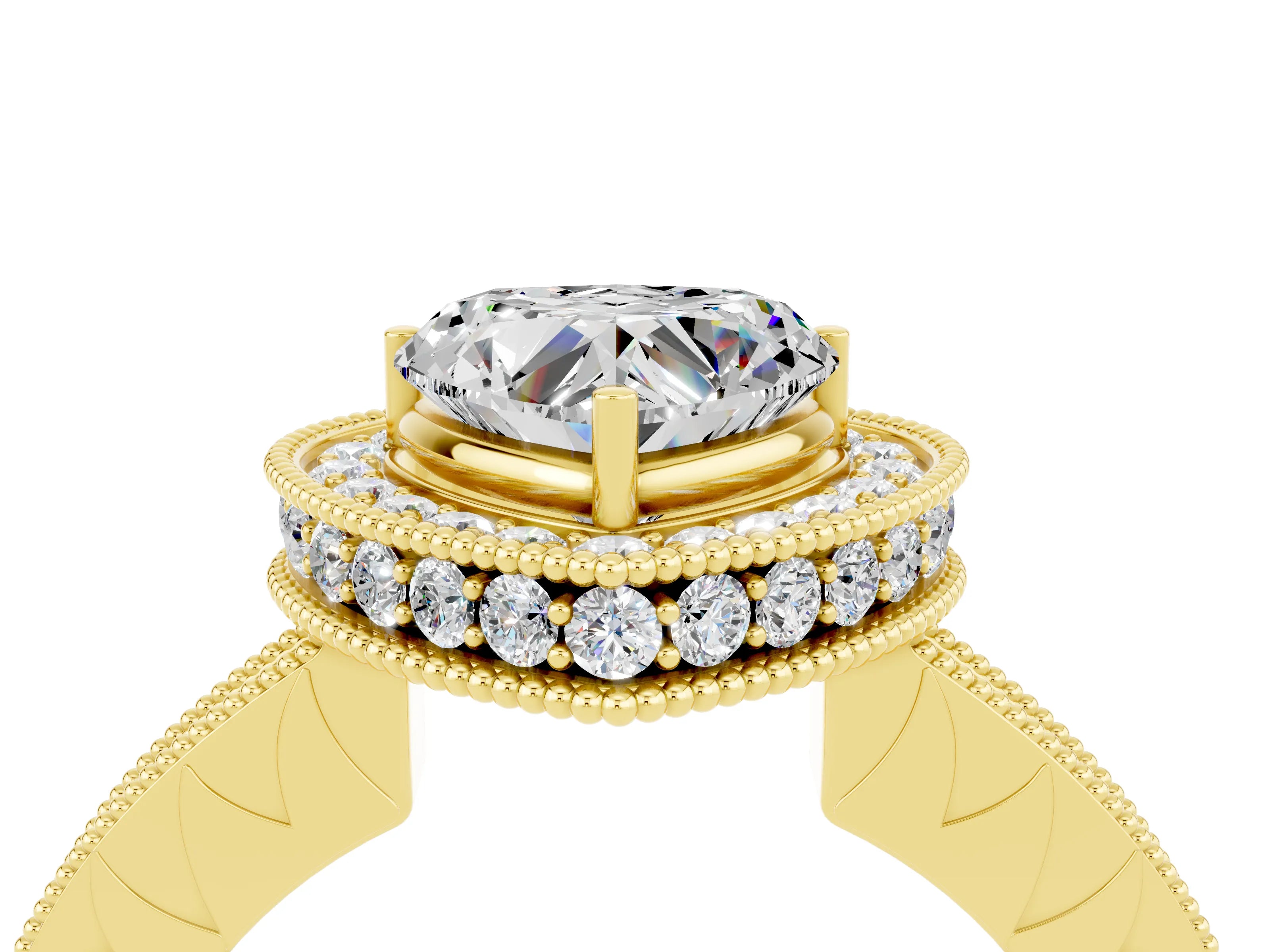 Yellow gold Heart Cut Halo Diamond Engagement Ring with Milgrain Pave Band and Four-Prong Setting_4