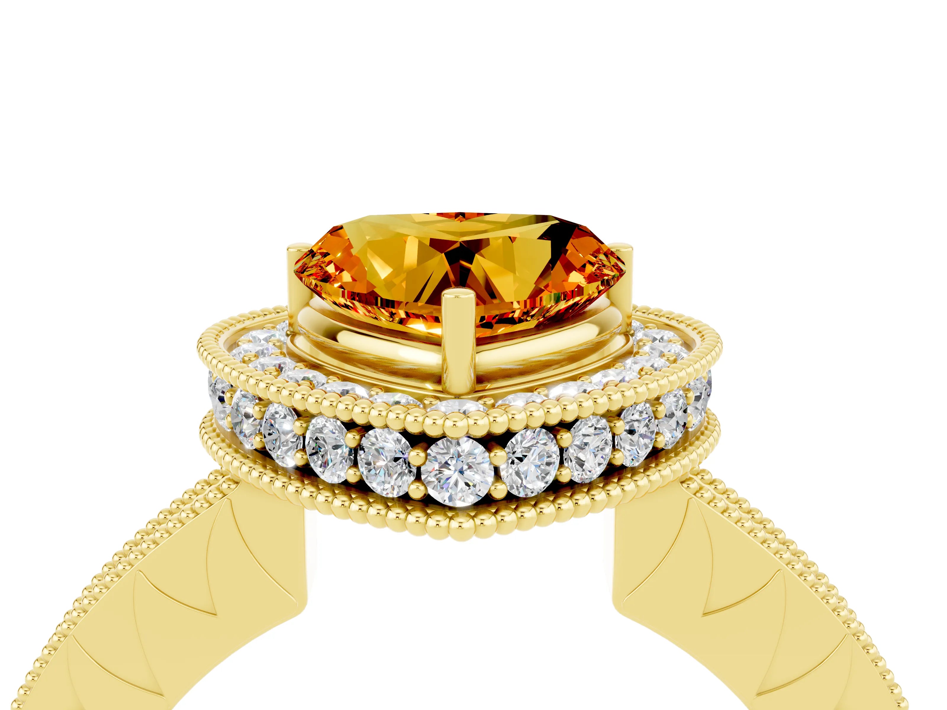 Yellow gold Heart Cut Halo Diamond Engagement Ring with Milgrain Pave Band and Four-Prong Setting_4