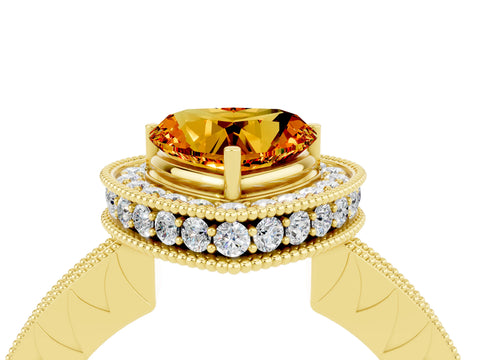 Yellow gold Heart Cut Halo Diamond Engagement Ring with Milgrain Pave Band and Four-Prong Setting_4