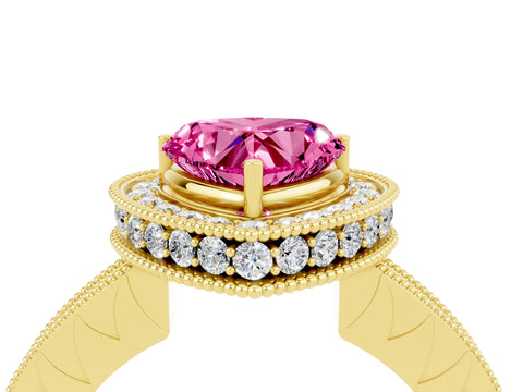 Yellow gold Heart Cut Halo Diamond Engagement Ring with Milgrain Pave Band and Four-Prong Setting_4