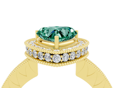 Yellow gold Heart Cut Halo Diamond Engagement Ring with Milgrain Pave Band and Four-Prong Setting_4