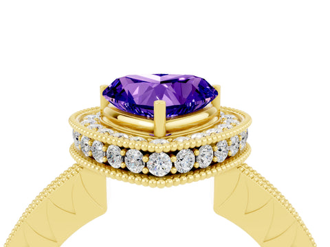 Yellow gold Heart Cut Halo Diamond Engagement Ring with Milgrain Pave Band and Four-Prong Setting_4