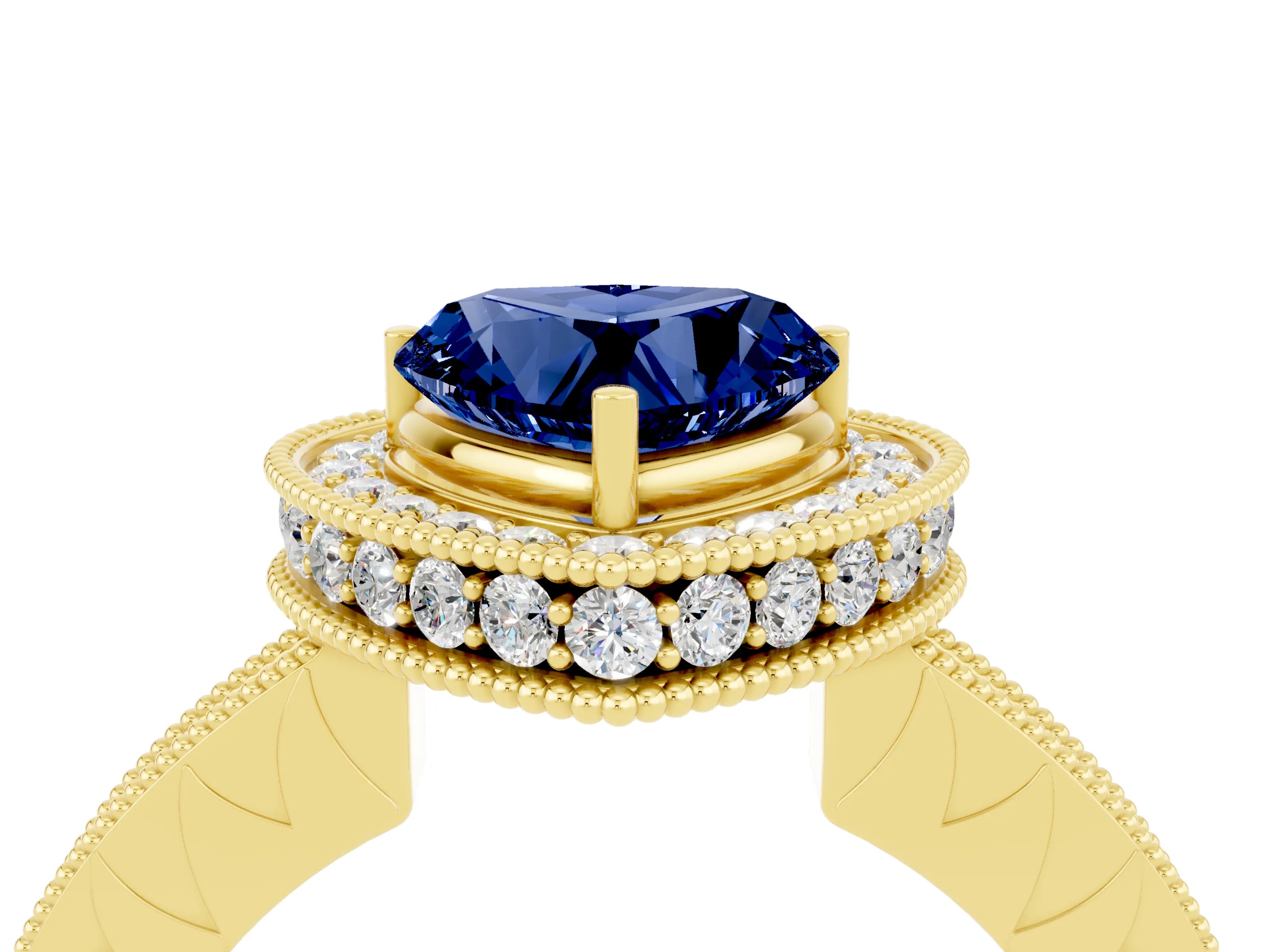 Yellow gold Heart Cut Halo Diamond Engagement Ring with Milgrain Pave Band and Four-Prong Setting_4