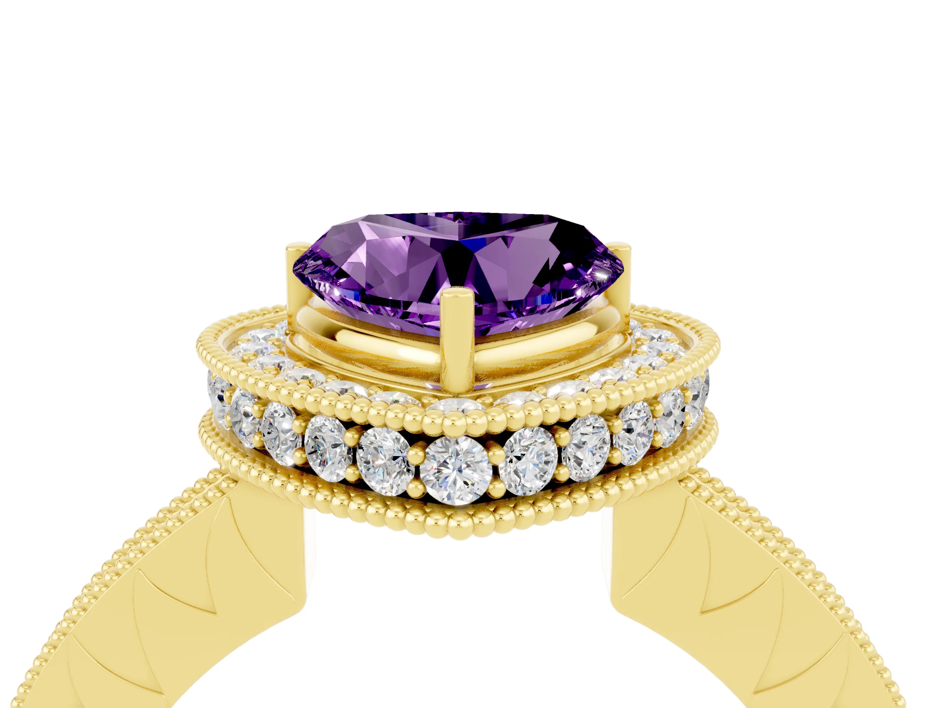 Yellow gold Heart Cut Halo Diamond Engagement Ring with Milgrain Pave Band and Four-Prong Setting_4
