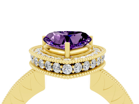 Yellow gold Heart Cut Halo Diamond Engagement Ring with Milgrain Pave Band and Four-Prong Setting_4