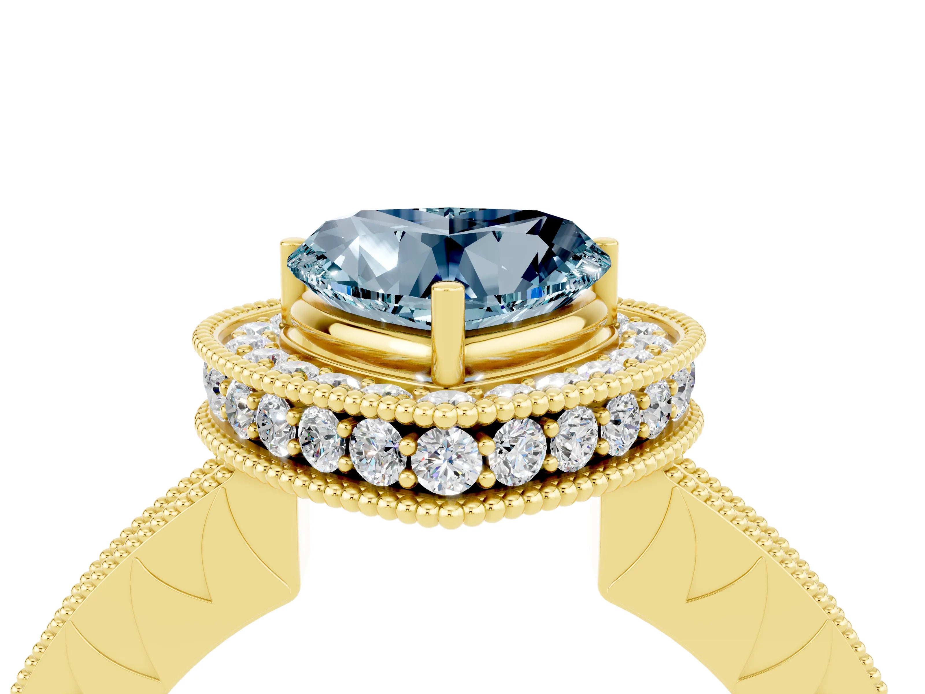 Yellow gold Heart Cut Halo Diamond Engagement Ring with Milgrain Pave Band and Four-Prong Setting_4