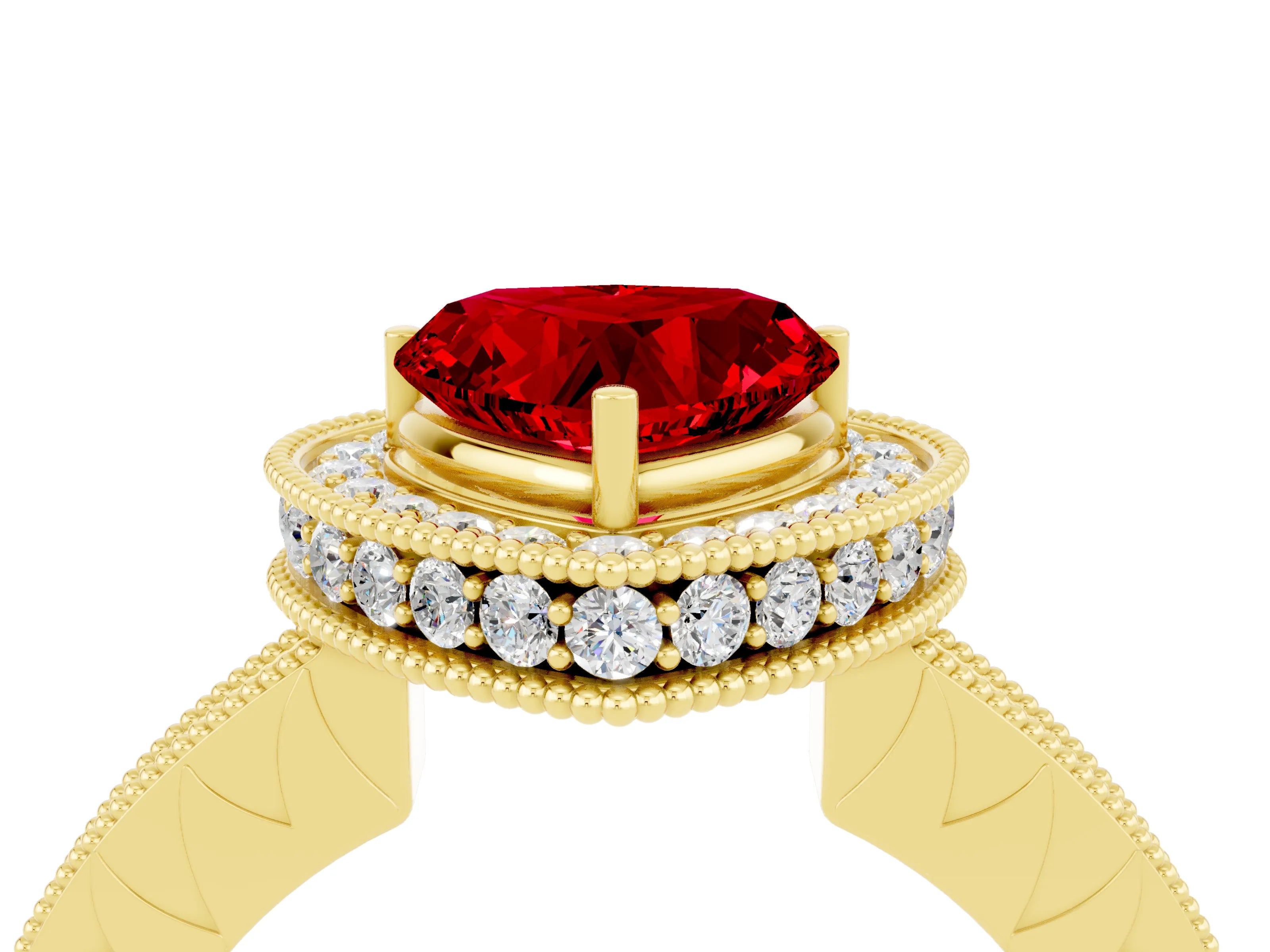Yellow gold Heart Cut Halo Diamond Engagement Ring with Milgrain Pave Band and Four-Prong Setting_4