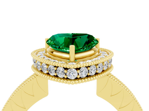 Yellow gold Heart Cut Halo Diamond Engagement Ring with Milgrain Pave Band and Four-Prong Setting_4