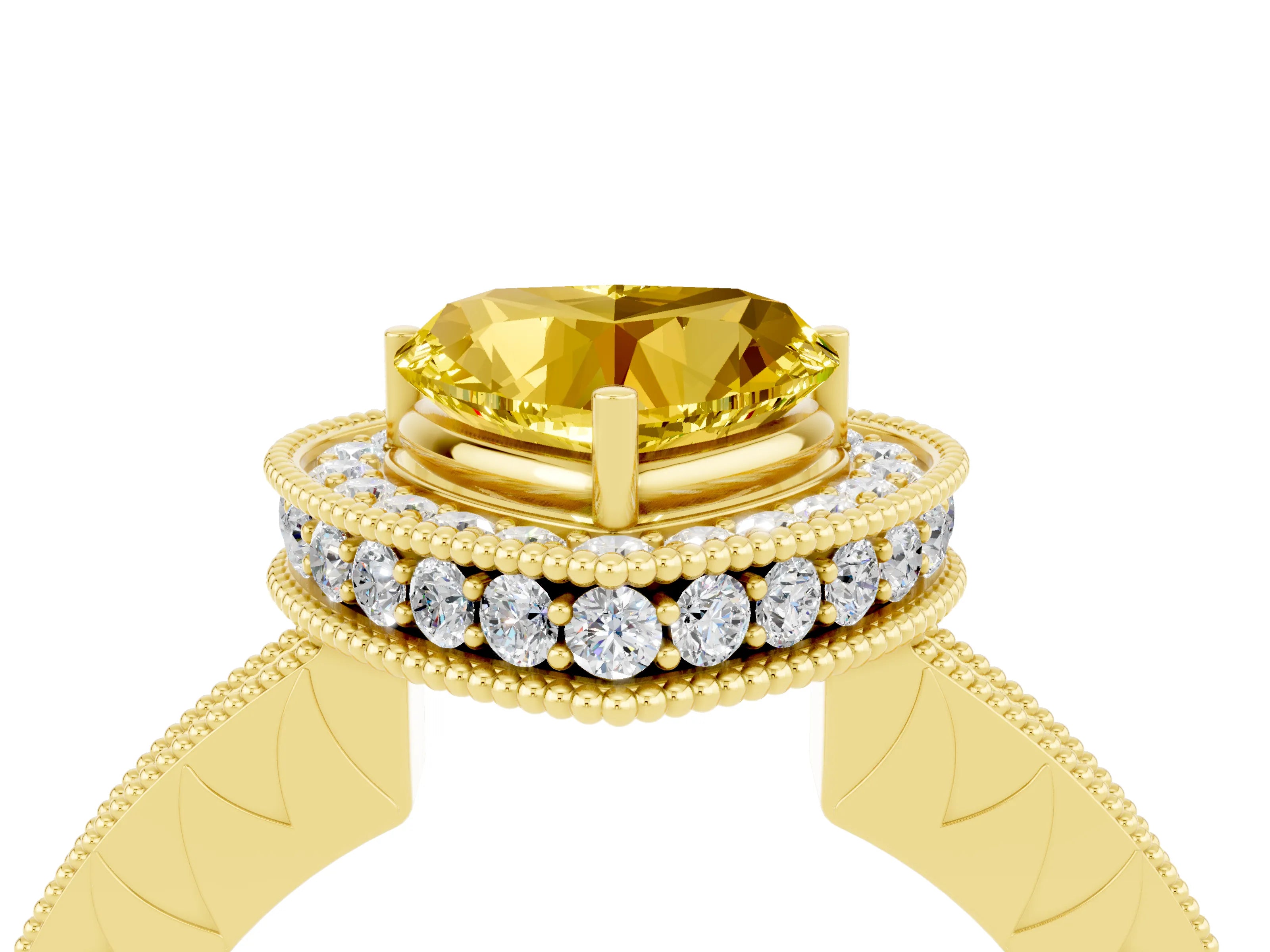 Yellow gold Heart Cut Halo Diamond Engagement Ring with Milgrain Pave Band and Four-Prong Setting_4