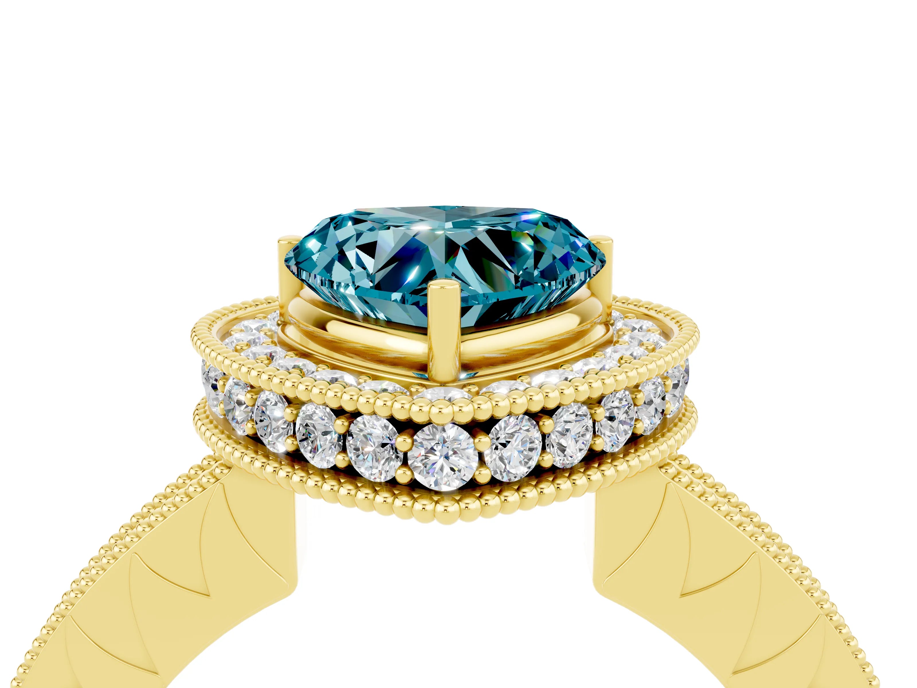 Yellow gold Heart Cut Halo Diamond Engagement Ring with Milgrain Pave Band and Four-Prong Setting_4
