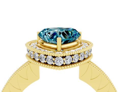 Yellow gold Heart Cut Halo Diamond Engagement Ring with Milgrain Pave Band and Four-Prong Setting_4