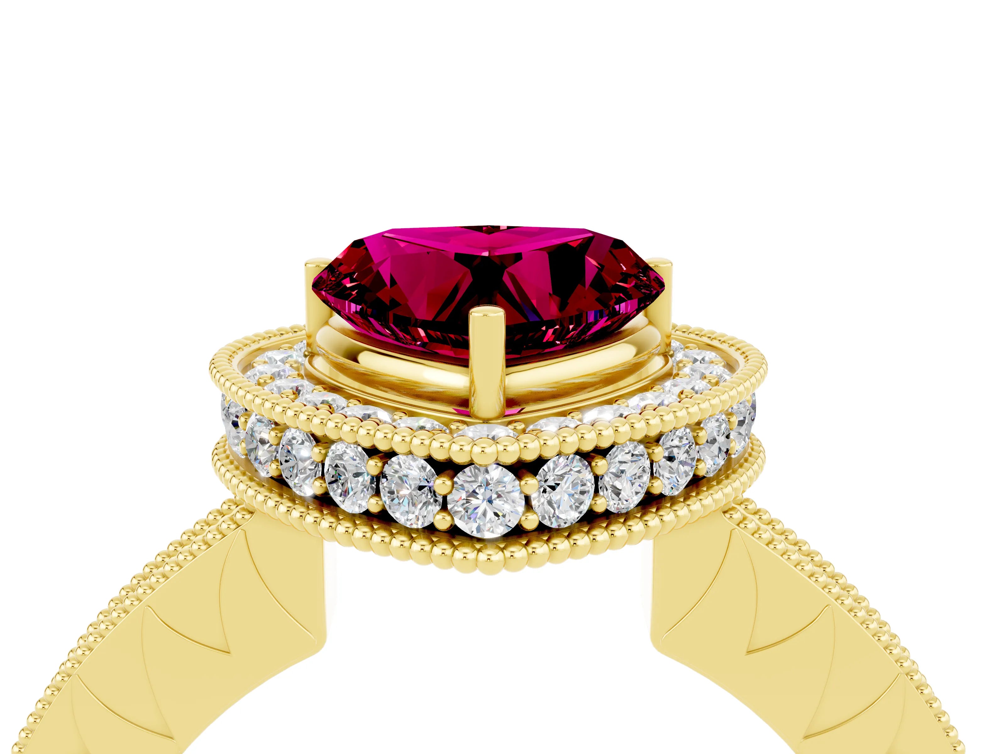 Yellow gold Heart Cut Halo Diamond Engagement Ring with Milgrain Pave Band and Four-Prong Setting_4
