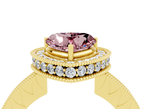 Yellow gold Heart Cut Halo Diamond Engagement Ring with Milgrain Pave Band and Four-Prong Setting_4