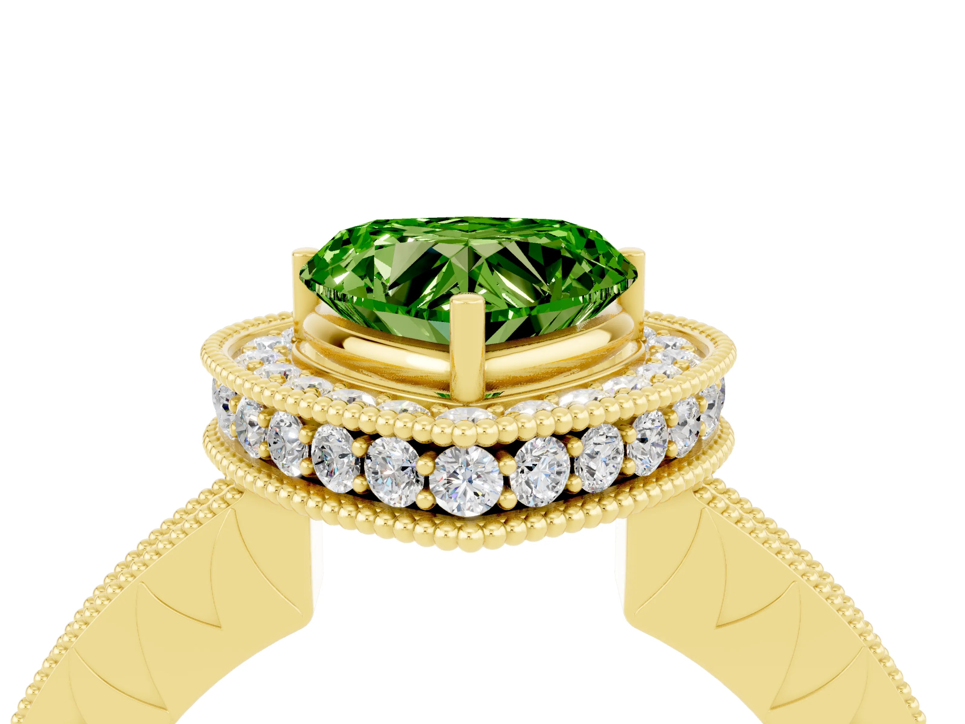 Yellow gold Heart Cut Halo Diamond Engagement Ring with Milgrain Pave Band and Four-Prong Setting_4