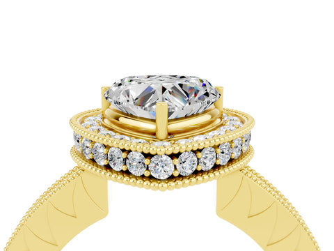 Yellow gold Heart Cut Halo Diamond Engagement Ring with Milgrain Pave Band and Four-Prong Setting_4
