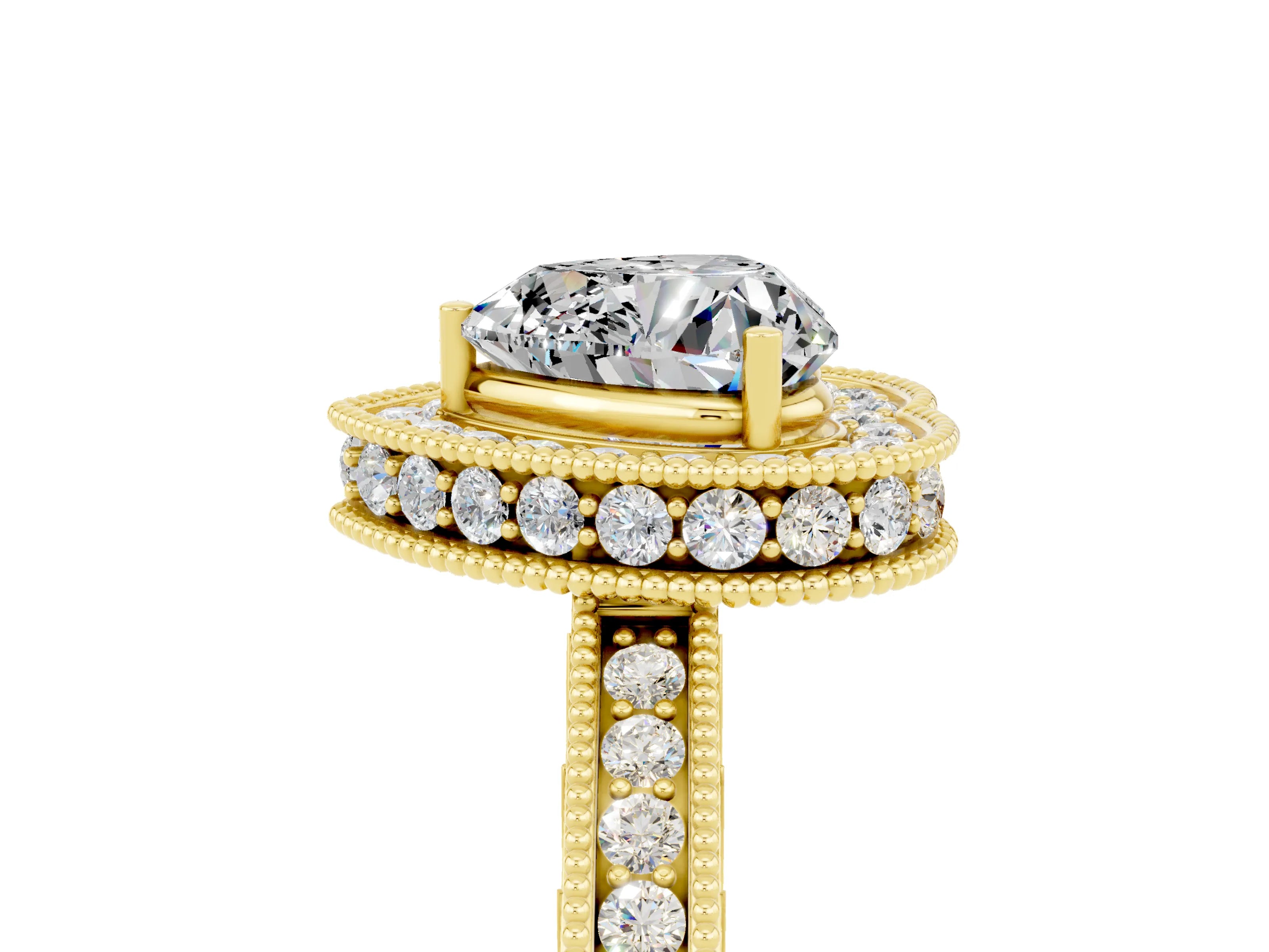 Yellow gold Heart Cut Halo Diamond Engagement Ring with Milgrain Pave Band and Four-Prong Setting_5