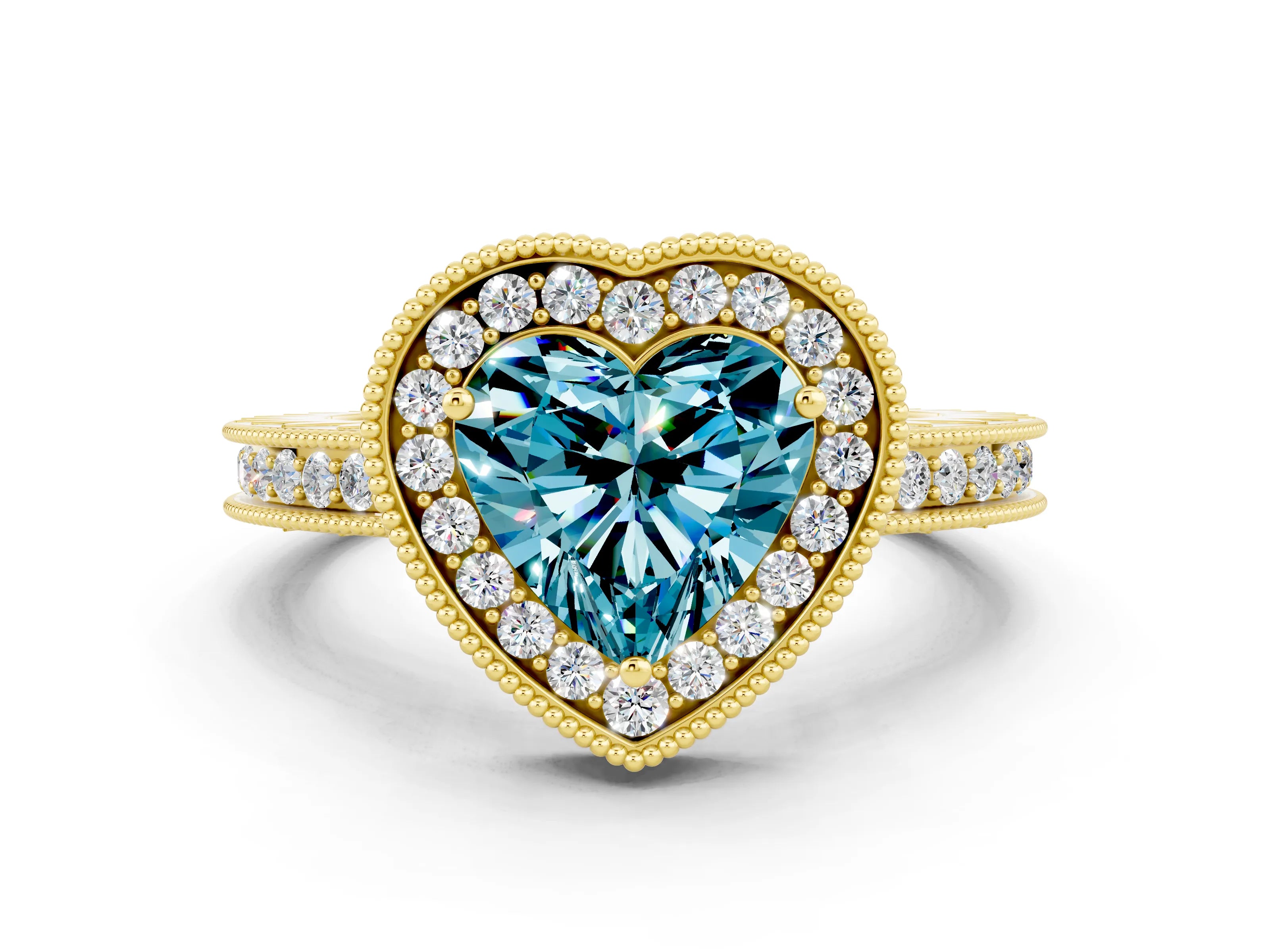 Yellow gold Heart Cut Halo Diamond Engagement Ring with Milgrain Pave Band and Four-Prong Setting