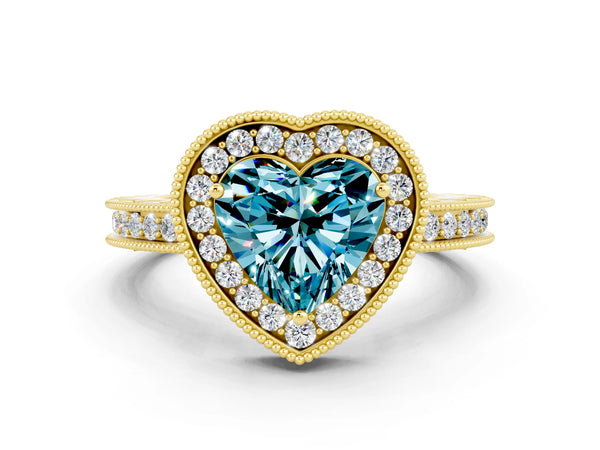 Yellow gold Heart Cut Halo Diamond Engagement Ring with Milgrain Pave Band and Four-Prong Setting