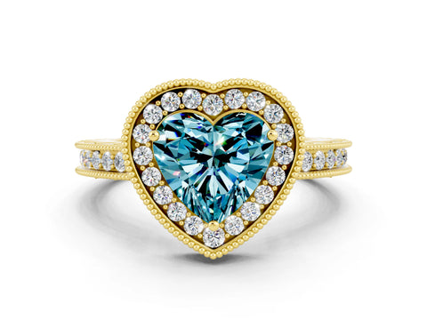 Yellow gold Heart Cut Halo Diamond Engagement Ring with Milgrain Pave Band and Four-Prong Setting