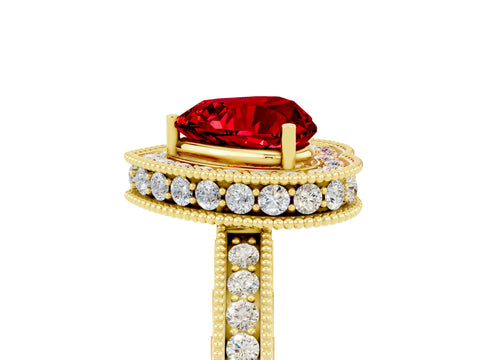 Yellow gold Heart Cut Halo Diamond Engagement Ring with Milgrain Pave Band and Four-Prong Setting_5