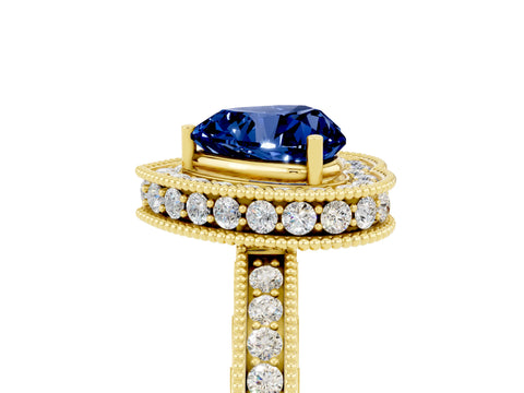Yellow gold Heart Cut Halo Diamond Engagement Ring with Milgrain Pave Band and Four-Prong Setting_5