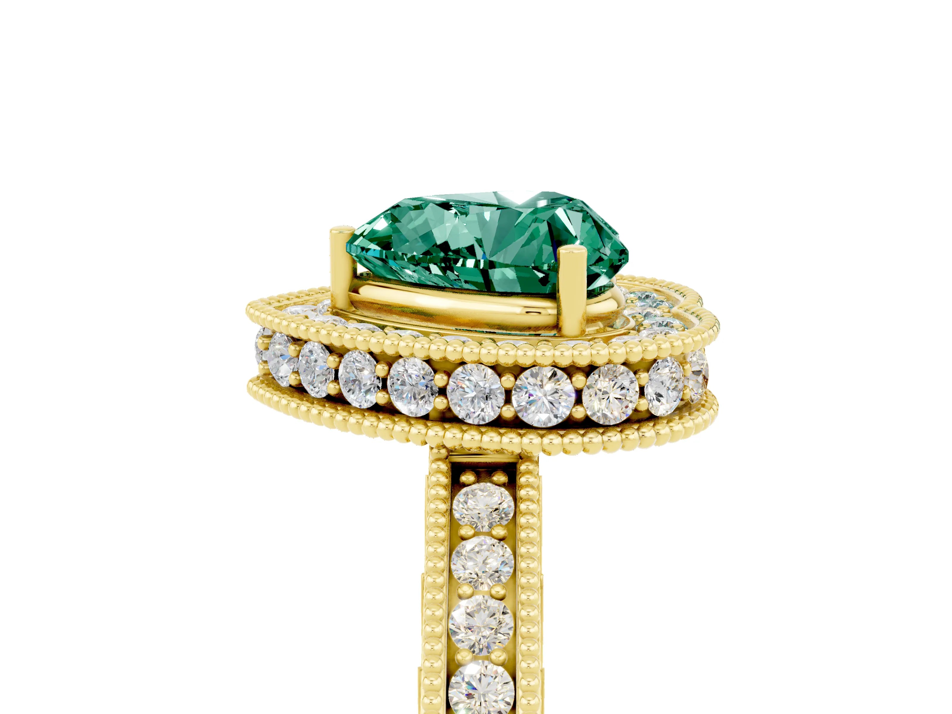 Yellow gold Heart Cut Halo Diamond Engagement Ring with Milgrain Pave Band and Four-Prong Setting_5