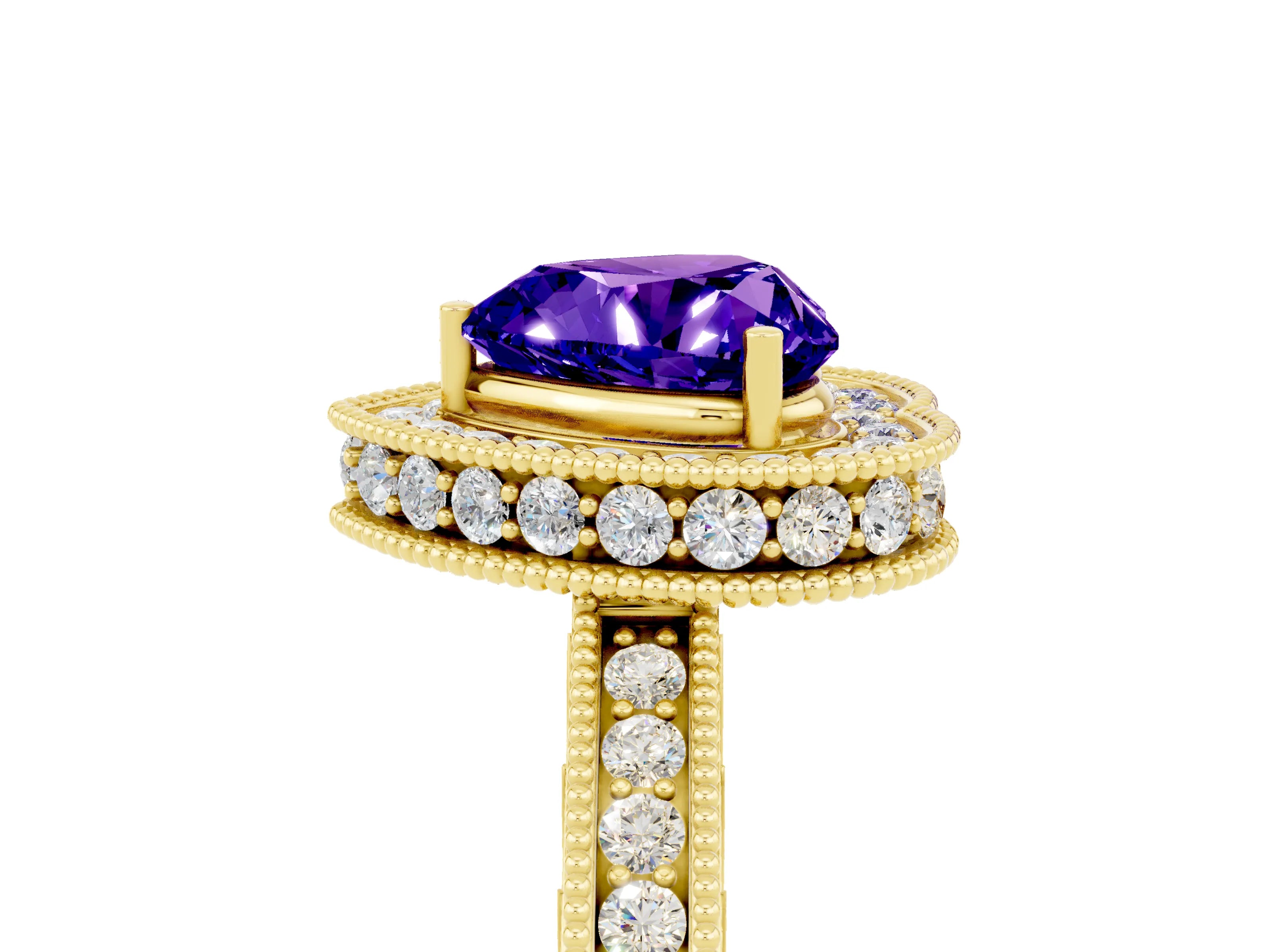 Yellow gold Heart Cut Halo Diamond Engagement Ring with Milgrain Pave Band and Four-Prong Setting_5