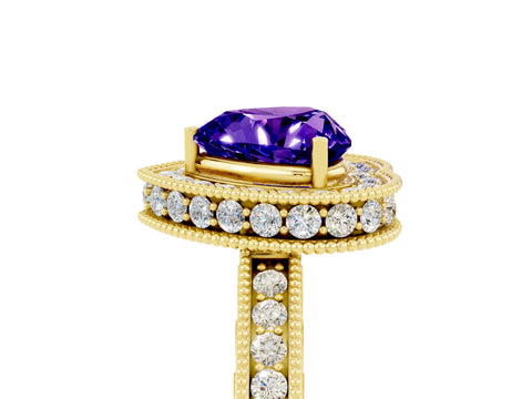 Yellow gold Heart Cut Halo Diamond Engagement Ring with Milgrain Pave Band and Four-Prong Setting_5