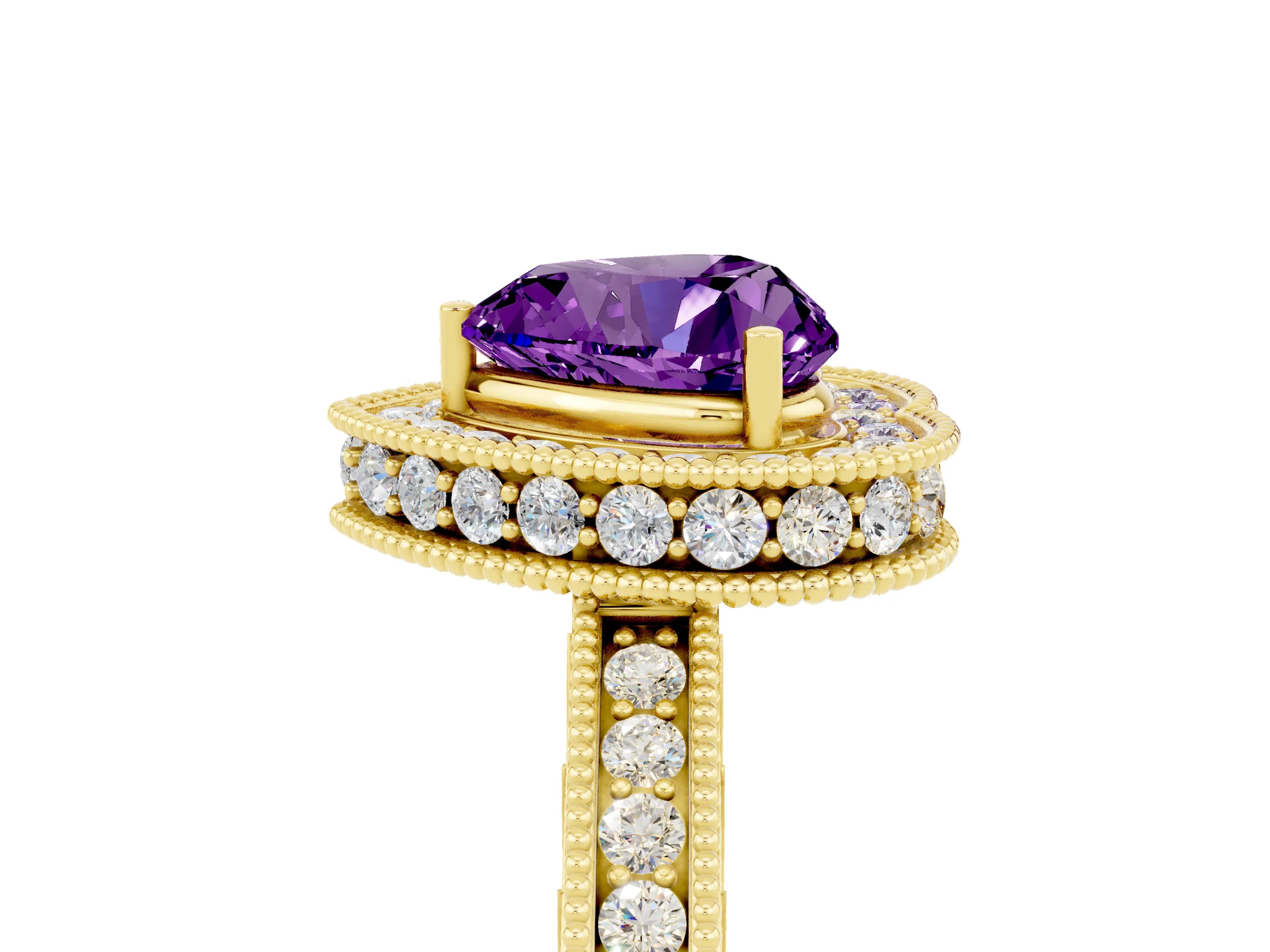 Yellow gold Heart Cut Halo Diamond Engagement Ring with Milgrain Pave Band and Four-Prong Setting_5