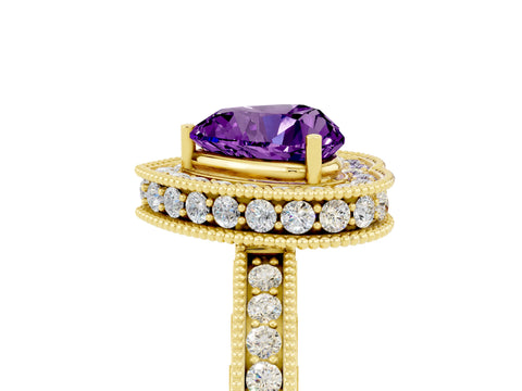 Yellow gold Heart Cut Halo Diamond Engagement Ring with Milgrain Pave Band and Four-Prong Setting_5